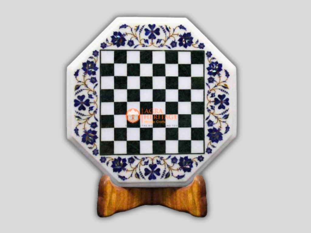 White Marble Lapis Lazuli Coffee Chess Table Top With Wooden Base